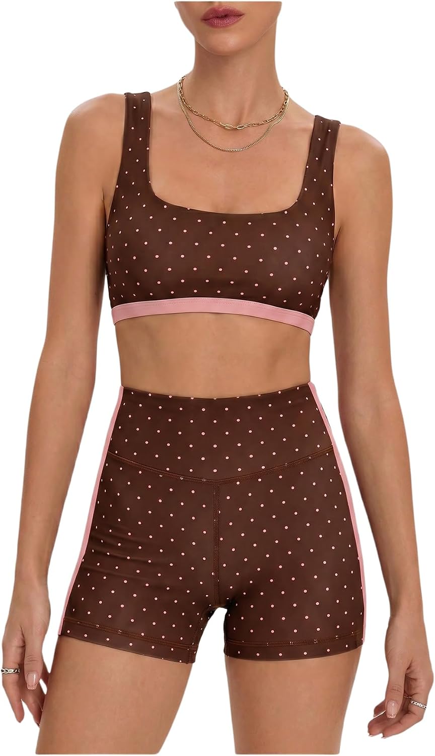 Women's Polka Dots Workout Set Layered Yoga Outfit with Shorts