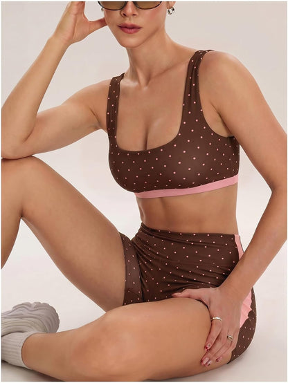 Women's Polka Dots Workout Set Layered Yoga Outfit with Shorts