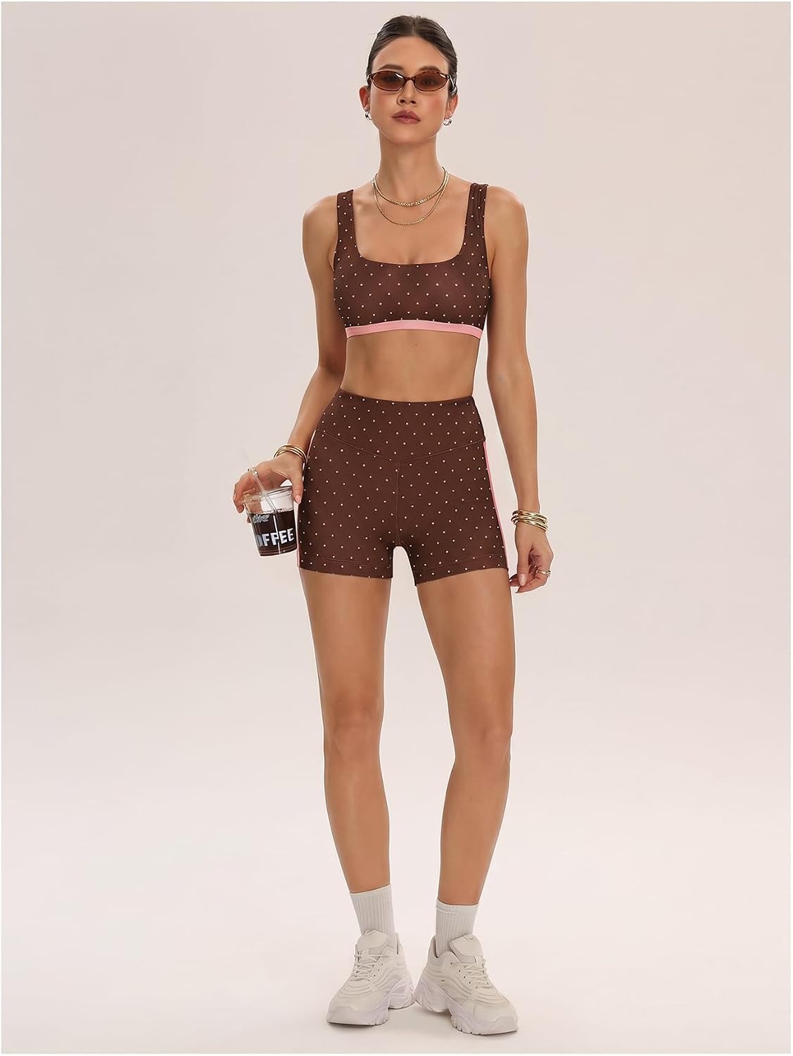 Women's Polka Dots Workout Set Layered Yoga Outfit with Shorts