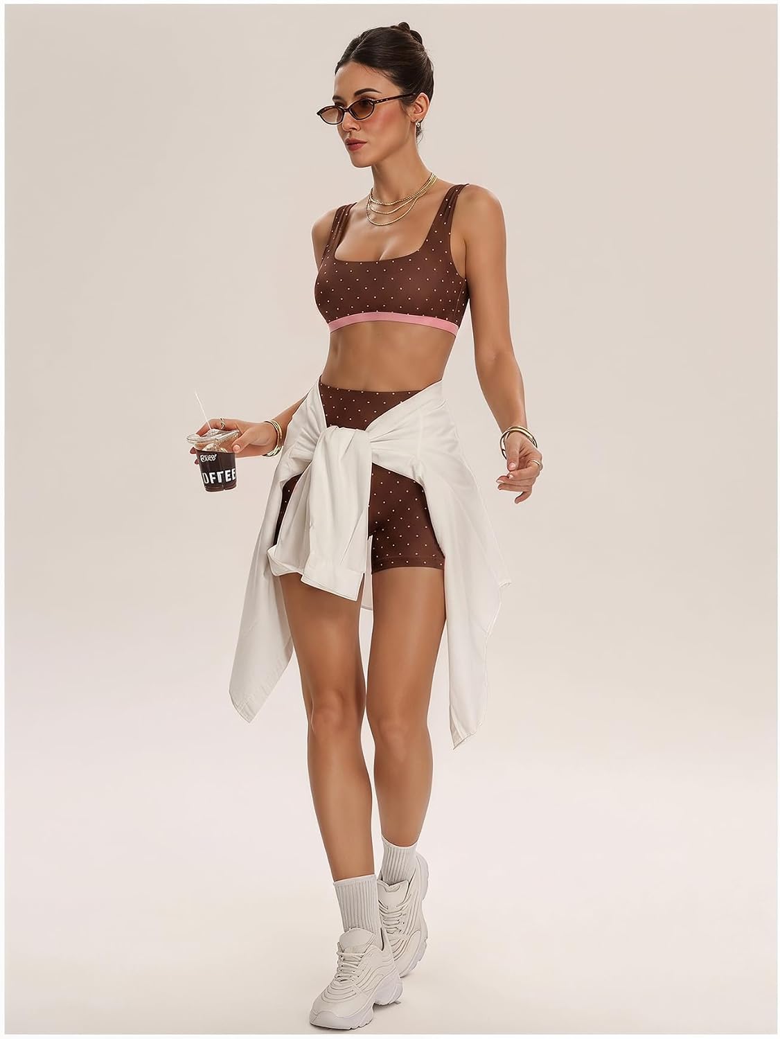 Women's Polka Dots Workout Set Layered Yoga Outfit with Shorts