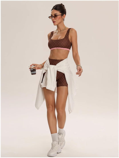 Women's Polka Dots Workout Set Layered Yoga Outfit with Shorts