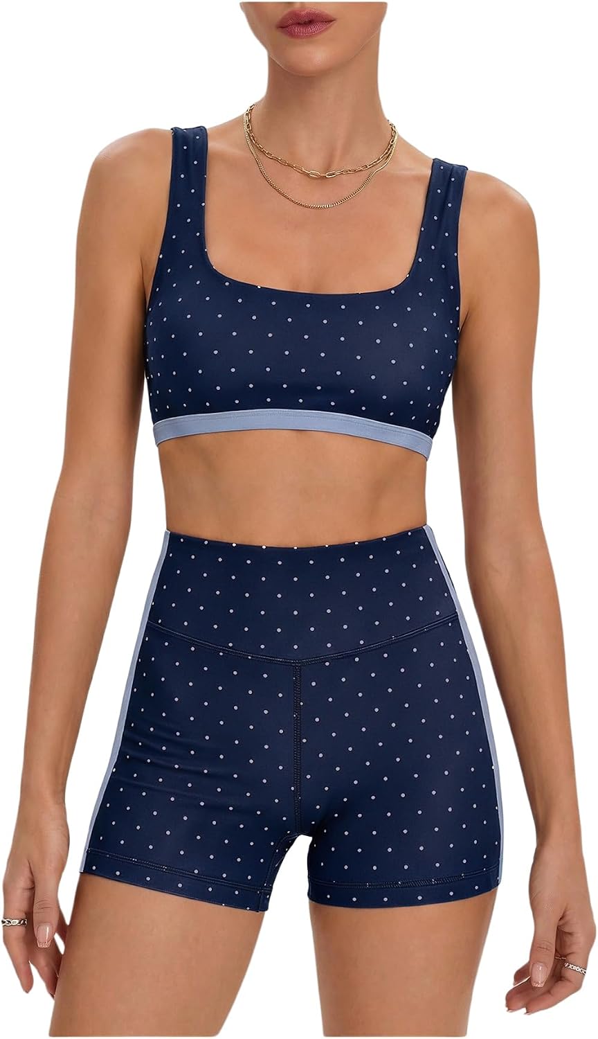 Women's Polka Dots Workout Set Layered Yoga Outfit with Shorts