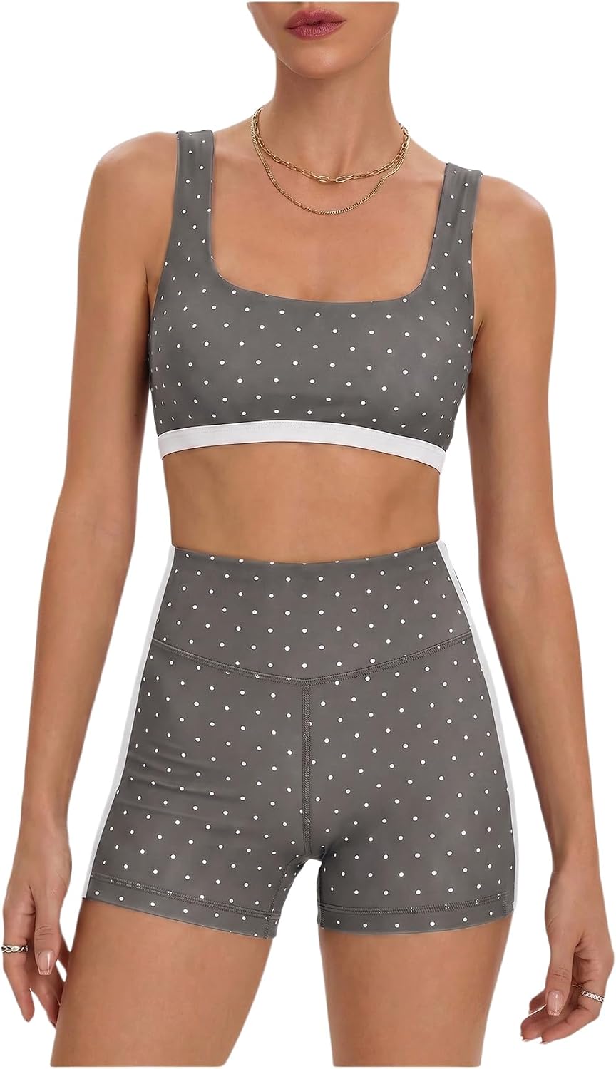 Women's Polka Dots Workout Set Layered Yoga Outfit with Shorts