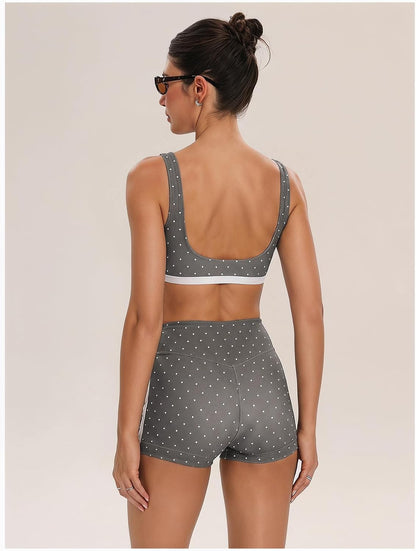 Women's Polka Dots Workout Set Layered Yoga Outfit with Shorts