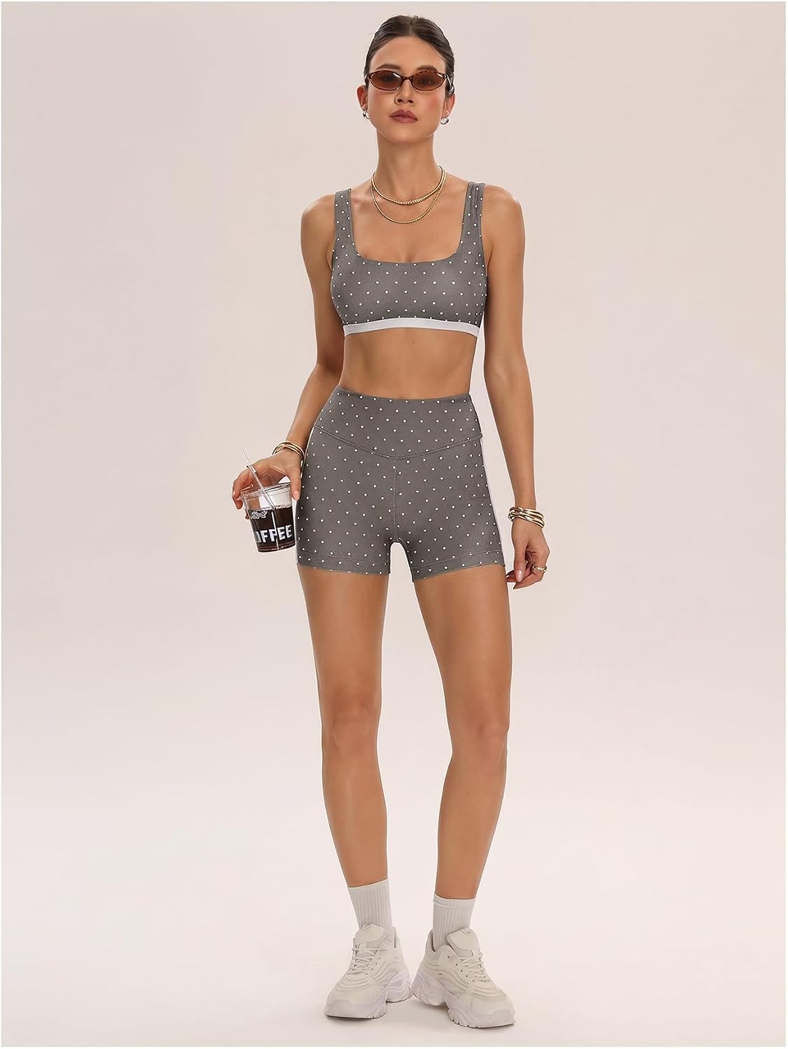 Women's Polka Dots Workout Set Layered Yoga Outfit with Shorts