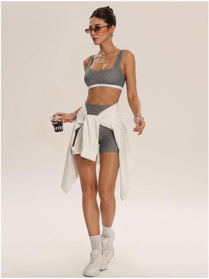 Women's Polka Dots Workout Set Layered Yoga Outfit with Shorts