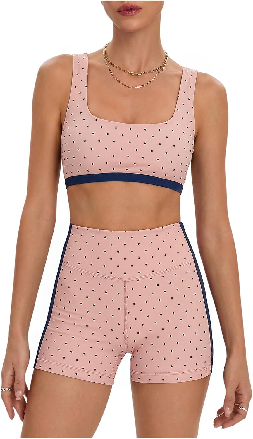Women's Polka Dots Workout Set Layered Yoga Outfit with Shorts