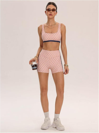 Women's Polka Dots Workout Set Layered Yoga Outfit with Shorts