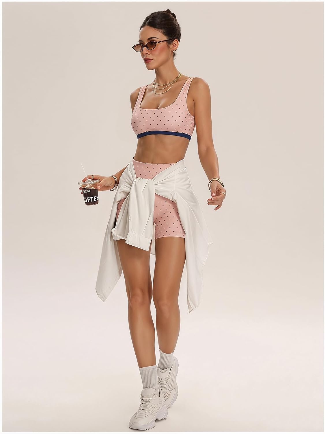 Women's Polka Dots Workout Set Layered Yoga Outfit with Shorts