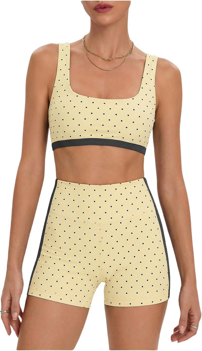Women's Polka Dots Workout Set Layered Yoga Outfit with Shorts