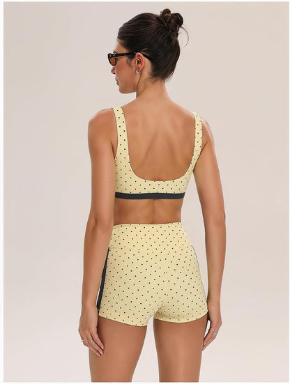 Women's Polka Dots Workout Set Layered Yoga Outfit with Shorts