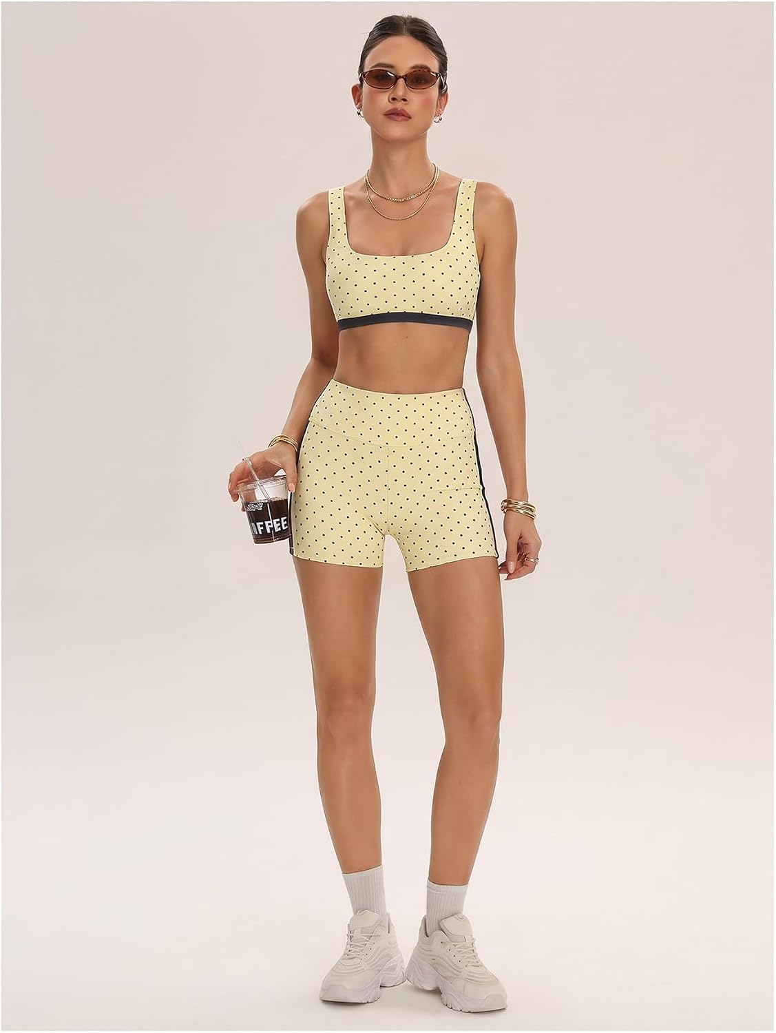 Women's Polka Dots Workout Set Layered Yoga Outfit with Shorts