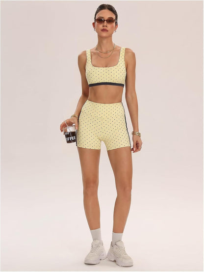 Women's Polka Dots Workout Set Layered Yoga Outfit with Shorts