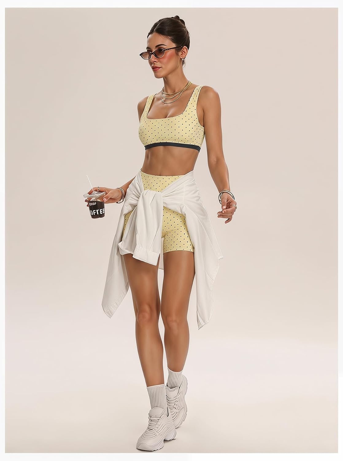 Women's Polka Dots Workout Set Layered Yoga Outfit with Shorts