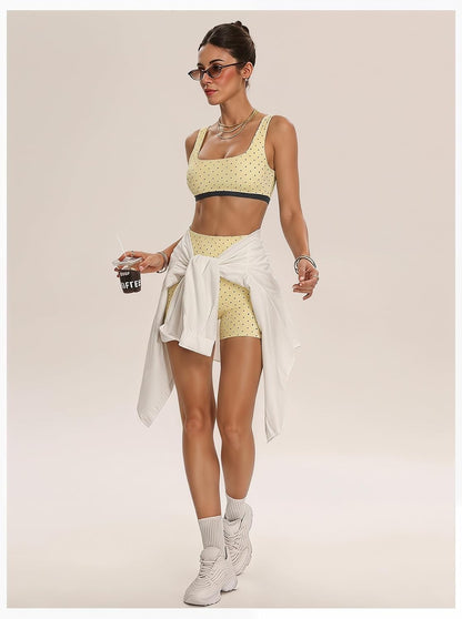 Women's Polka Dots Workout Set Layered Yoga Outfit with Shorts