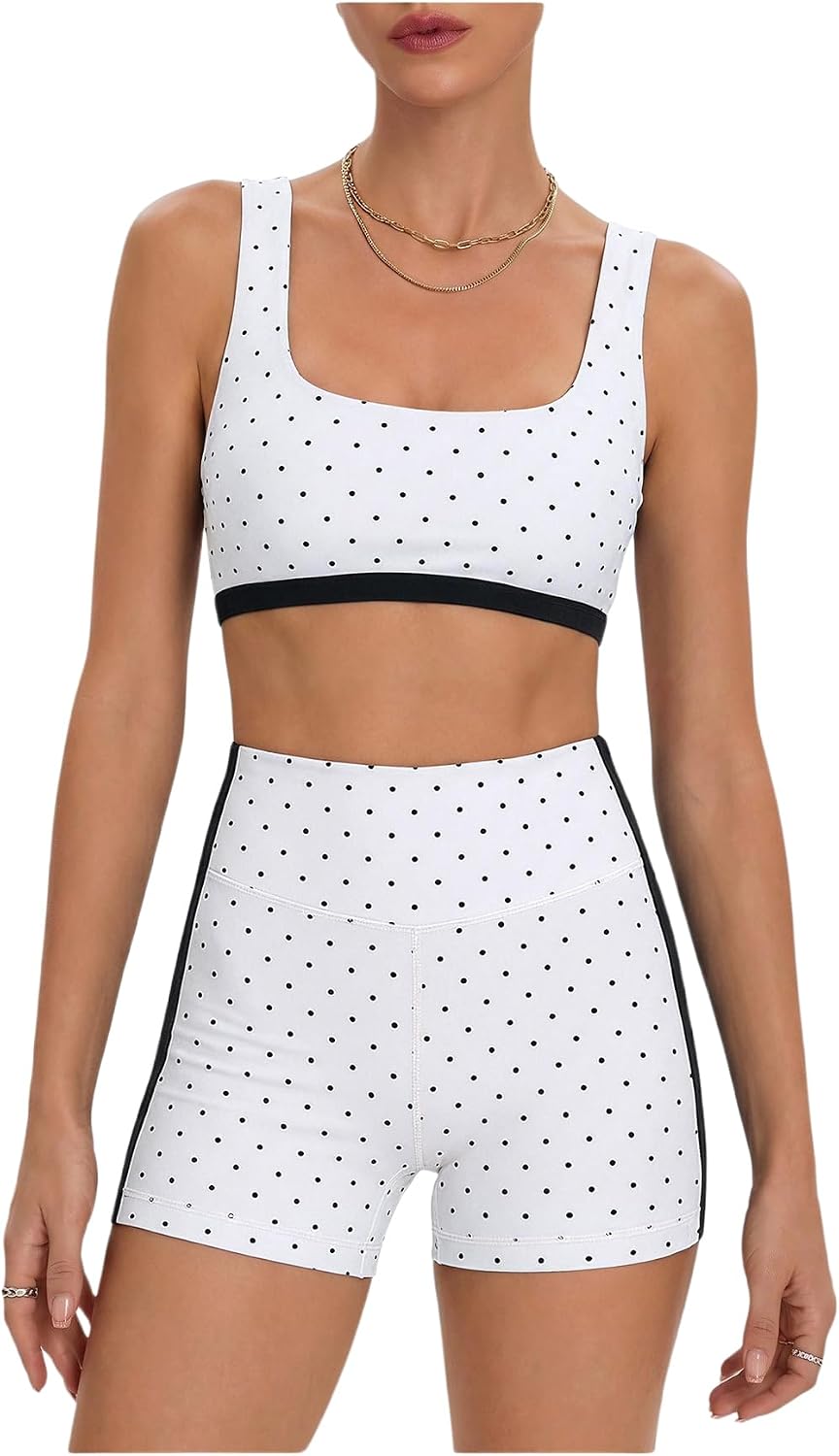 Women's Polka Dots Workout Set Layered Yoga Outfit with Shorts