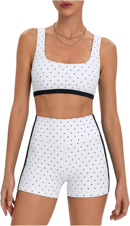 Women's Polka Dots Workout Set Layered Yoga Outfit with Shorts
