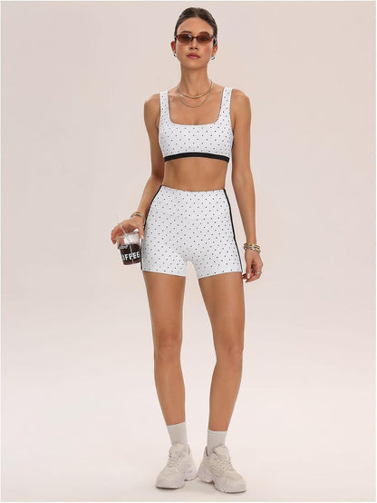 Women's Polka Dots Workout Set Layered Yoga Outfit with Shorts