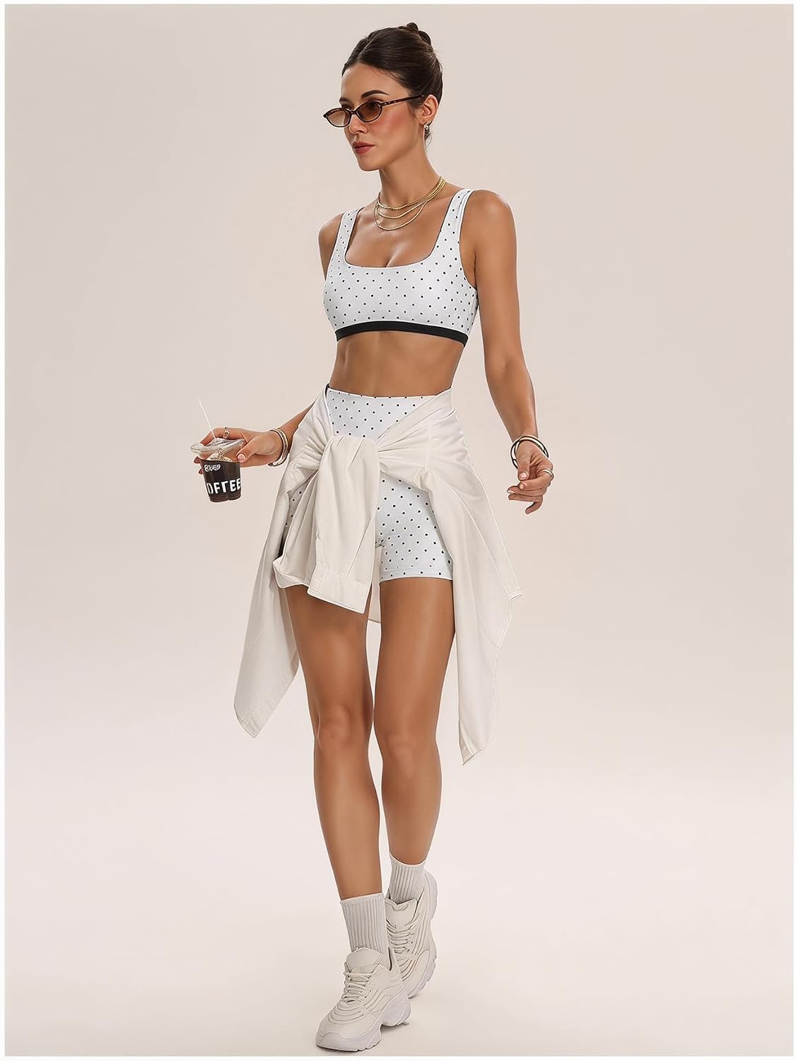 Women's Polka Dots Workout Set Layered Yoga Outfit with Shorts