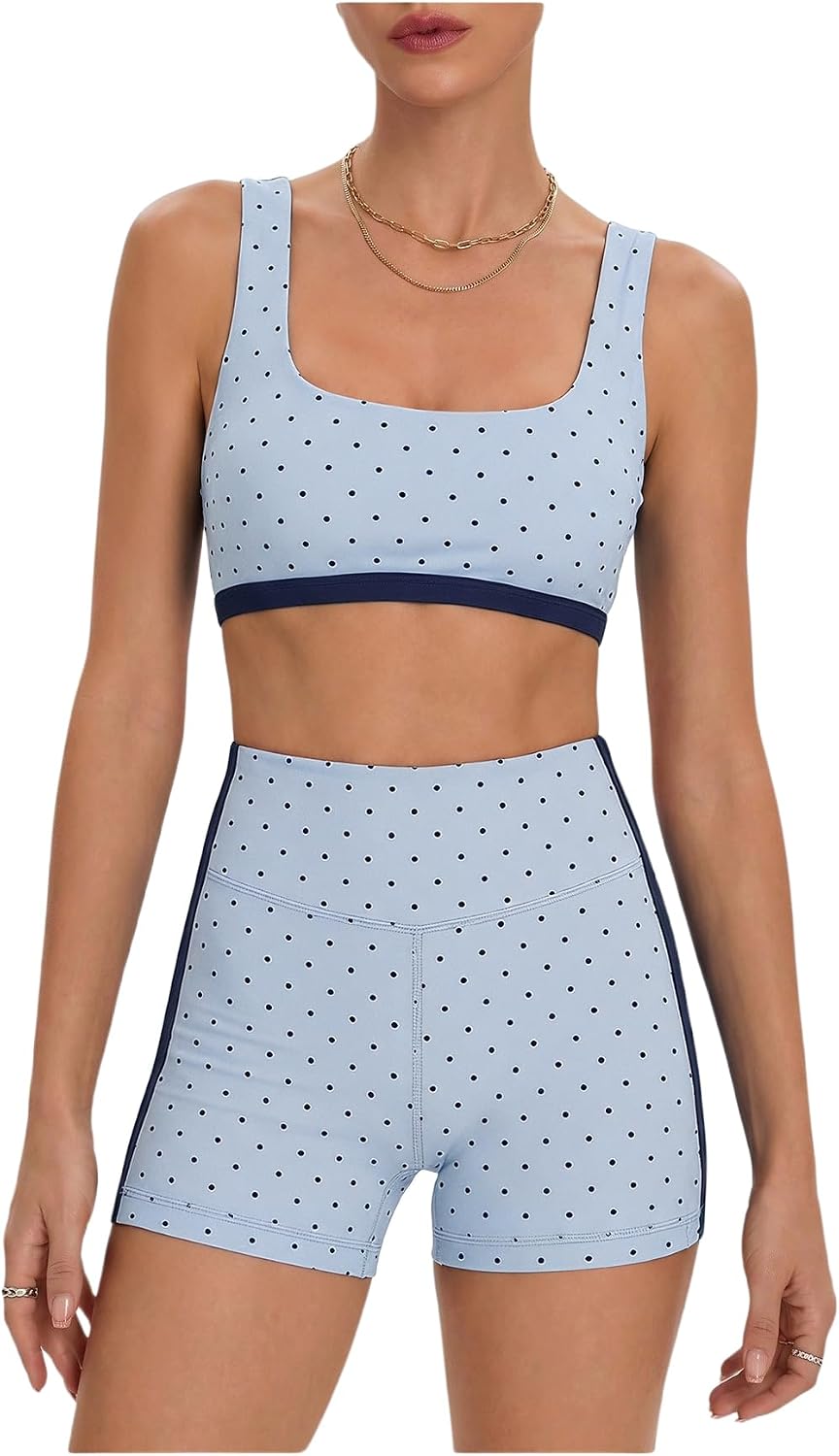 Women's Polka Dots Workout Set Layered Yoga Outfit with Shorts