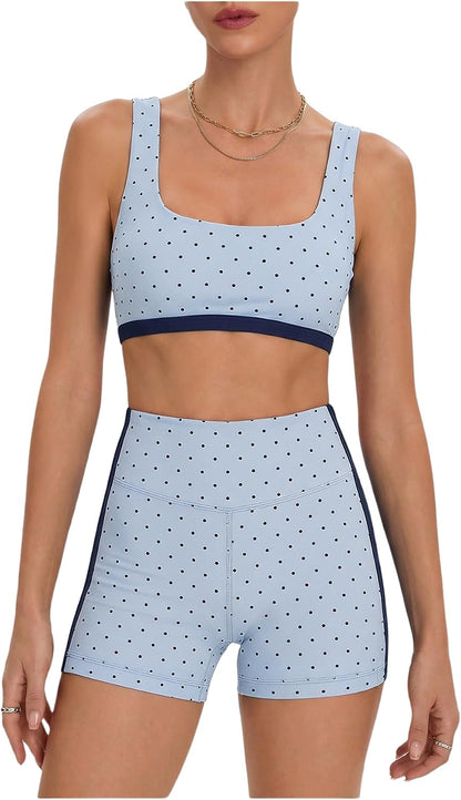 Women's Polka Dots Workout Set Layered Yoga Outfit with Shorts