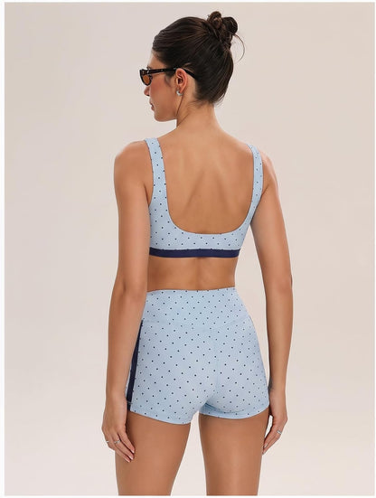 Women's Polka Dots Workout Set Layered Yoga Outfit with Shorts