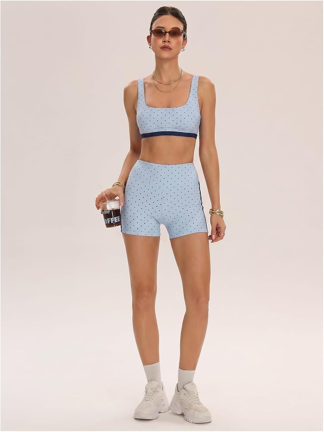 Women's Polka Dots Workout Set Layered Yoga Outfit with Shorts
