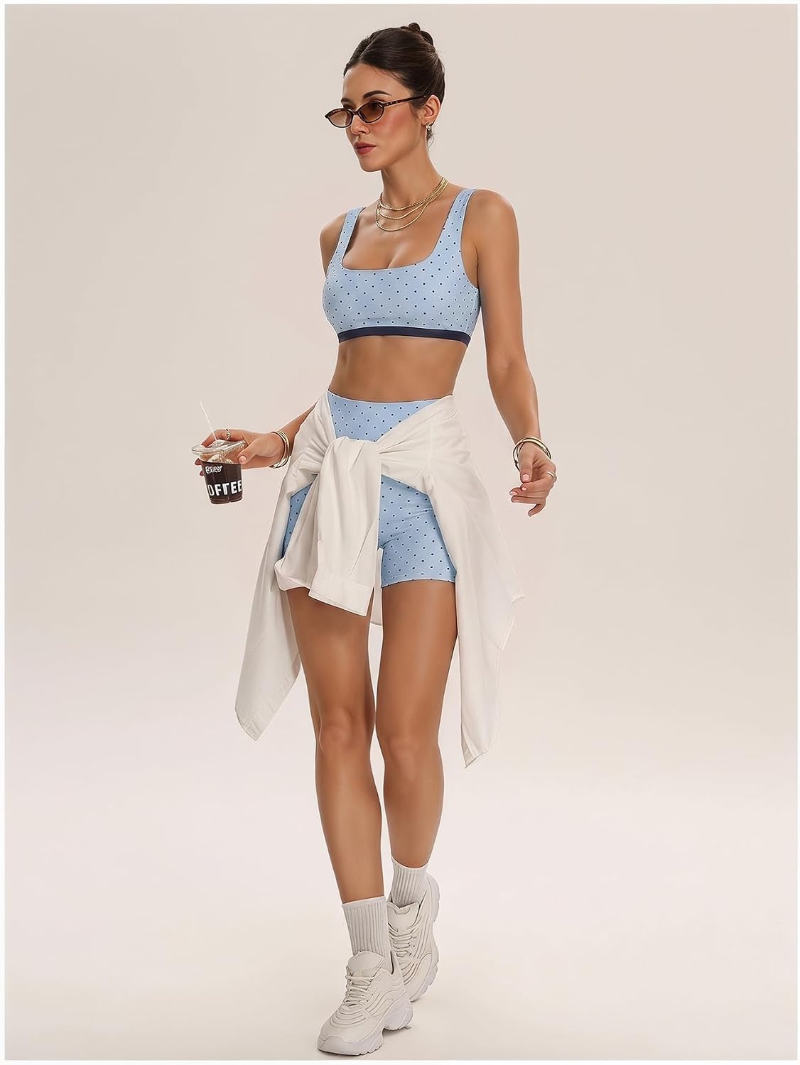 Women's Polka Dots Workout Set Layered Yoga Outfit with Shorts