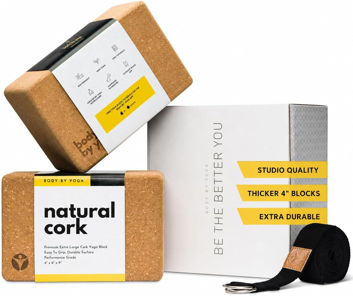 Cork Yoga Blocks 2 Pack – Premium Cork Grain, Highly Stable, Chip Resistant | Extra Large 4" x 6" x 9", No Wobble, Heavy Duty, Durable, Crumble-Free, Comfort Edges, Artisanally Crafted, Yoga Strap Set