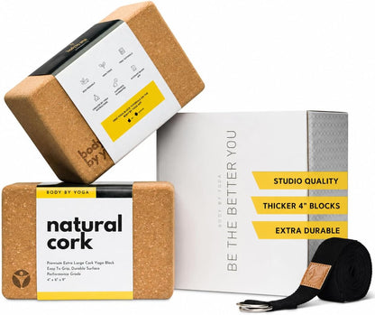 Cork Yoga Blocks 2 Pack – Premium Cork Grain, Highly Stable, Chip Resistant | Extra Large 4" x 6" x 9", No Wobble, Heavy Duty, Durable, Crumble-Free, Comfort Edges, Artisanally Crafted, Yoga Strap Set