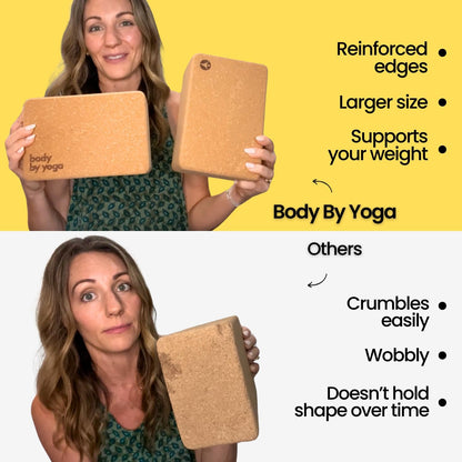 Cork Yoga Blocks 2 Pack – Premium Cork Grain, Highly Stable, Chip Resistant | Extra Large 4" x 6" x 9", No Wobble, Heavy Duty, Durable, Crumble-Free, Comfort Edges, Artisanally Crafted, Yoga Strap Set