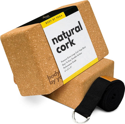 Cork Yoga Blocks 2 Pack – Premium Cork Grain, Highly Stable, Chip Resistant | Extra Large 4" x 6" x 9", No Wobble, Heavy Duty, Durable, Crumble-Free, Comfort Edges, Artisanally Crafted, Yoga Strap Set