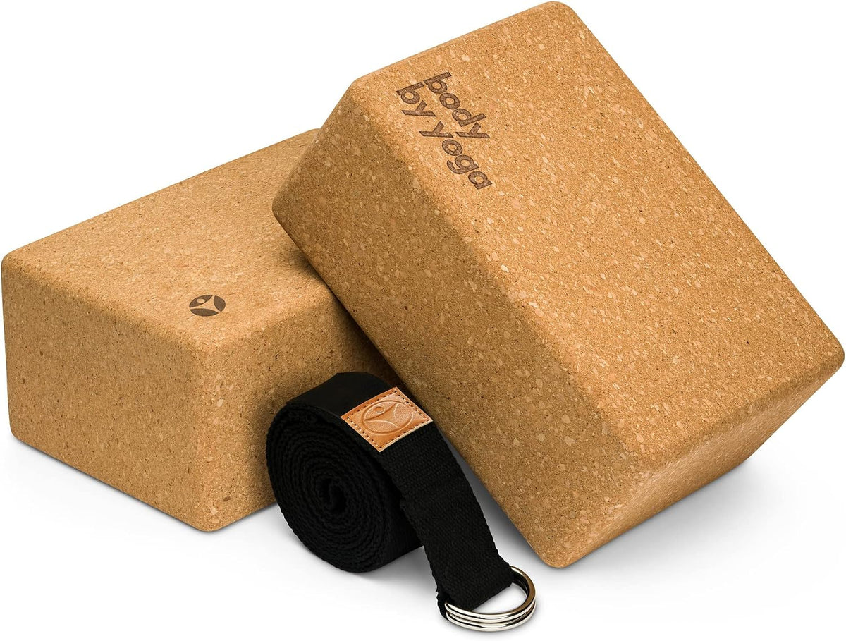 Cork Yoga Blocks 2 Pack – Premium Cork Grain, Highly Stable, Chip Resistant | Extra Large 4" x 6" x 9", No Wobble, Heavy Duty, Durable, Crumble-Free, Comfort Edges, Artisanally Crafted, Yoga Strap Set