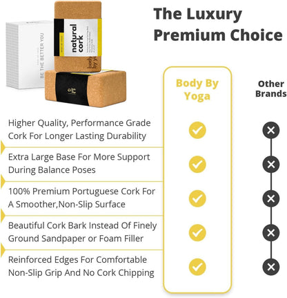 Cork Yoga Blocks 2 Pack – Premium Cork Grain, Highly Stable, Chip Resistant | Extra Large 4" x 6" x 9", No Wobble, Heavy Duty, Durable, Crumble-Free, Comfort Edges, Artisanally Crafted, Yoga Strap Set