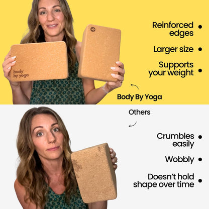 Cork Yoga Blocks 2 Pack – Premium Cork Grain, Highly Stable, Chip Resistant | Extra Large 4" x 6" x 9", No Wobble, Heavy Duty, Durable, Crumble-Free, Comfort Edges, Artisanally Crafted, Yoga Strap Set