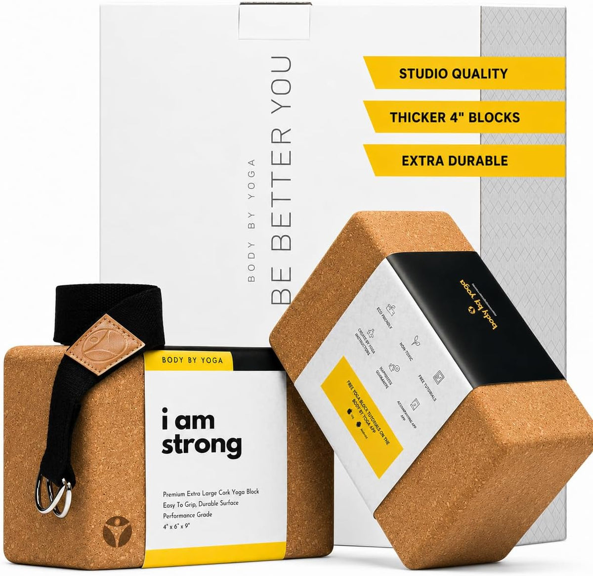Cork Yoga Blocks 2 Pack – Premium Cork Grain, Highly Stable, Chip Resistant | Extra Large 4" x 6" x 9", No Wobble, Heavy Duty, Durable, Crumble-Free, Comfort Edges, Artisanally Crafted, Yoga Strap Set