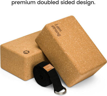 Cork Yoga Blocks 2 Pack – Premium Cork Grain, Highly Stable, Chip Resistant | Extra Large 4" x 6" x 9", No Wobble, Heavy Duty, Durable, Crumble-Free, Comfort Edges, Artisanally Crafted, Yoga Strap Set
