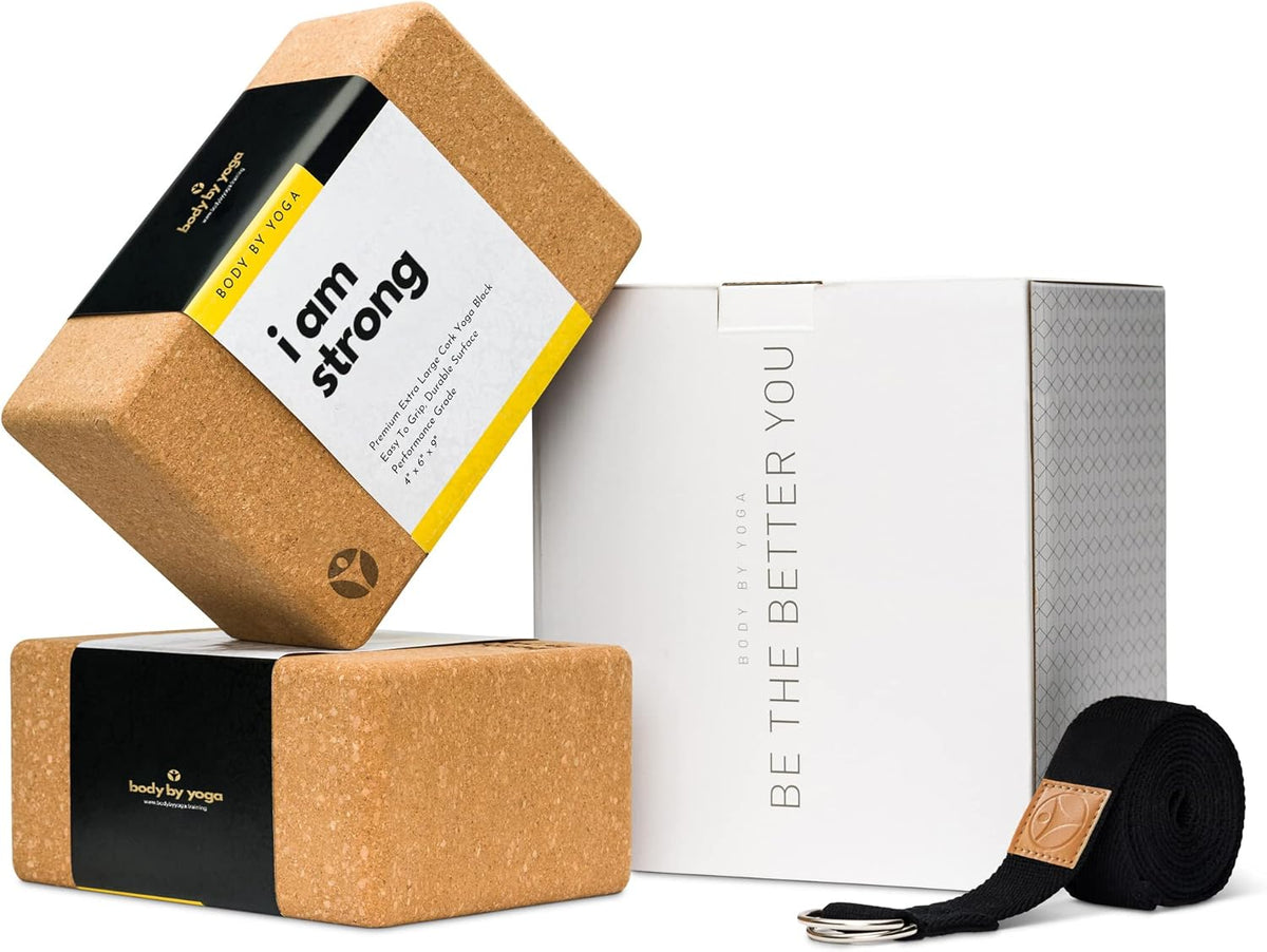 Cork Yoga Blocks 2 Pack – Premium Cork Grain, Highly Stable, Chip Resistant | Extra Large 4" x 6" x 9", No Wobble, Heavy Duty, Durable, Crumble-Free, Comfort Edges, Artisanally Crafted, Yoga Strap Set
