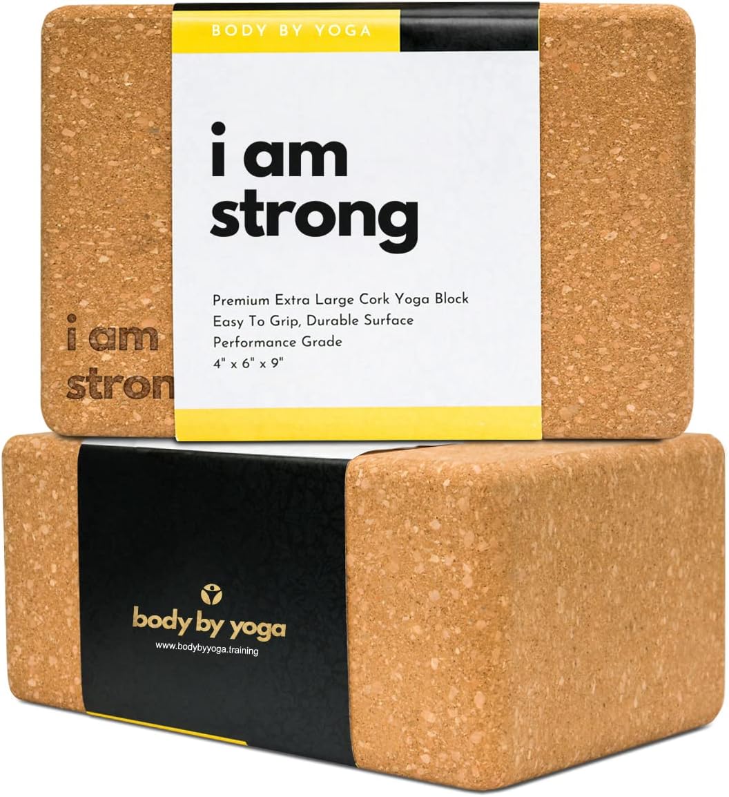 Cork Yoga Blocks 2 Pack – Premium Cork Grain, Highly Stable, Chip Resistant | Extra Large 4" x 6" x 9", No Wobble, Heavy Duty, Durable, Crumble-Free, Comfort Edges, Artisanally Crafted, Yoga Strap Set