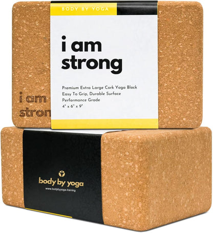 Cork Yoga Blocks 2 Pack – Premium Cork Grain, Highly Stable, Chip Resistant | Extra Large 4" x 6" x 9", No Wobble, Heavy Duty, Durable, Crumble-Free, Comfort Edges, Artisanally Crafted, Yoga Strap Set