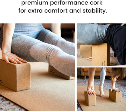 Cork Yoga Blocks 2 Pack – Premium Cork Grain, Highly Stable, Chip Resistant | Extra Large 4" x 6" x 9", No Wobble, Heavy Duty, Durable, Crumble-Free, Comfort Edges, Artisanally Crafted, Yoga Strap Set