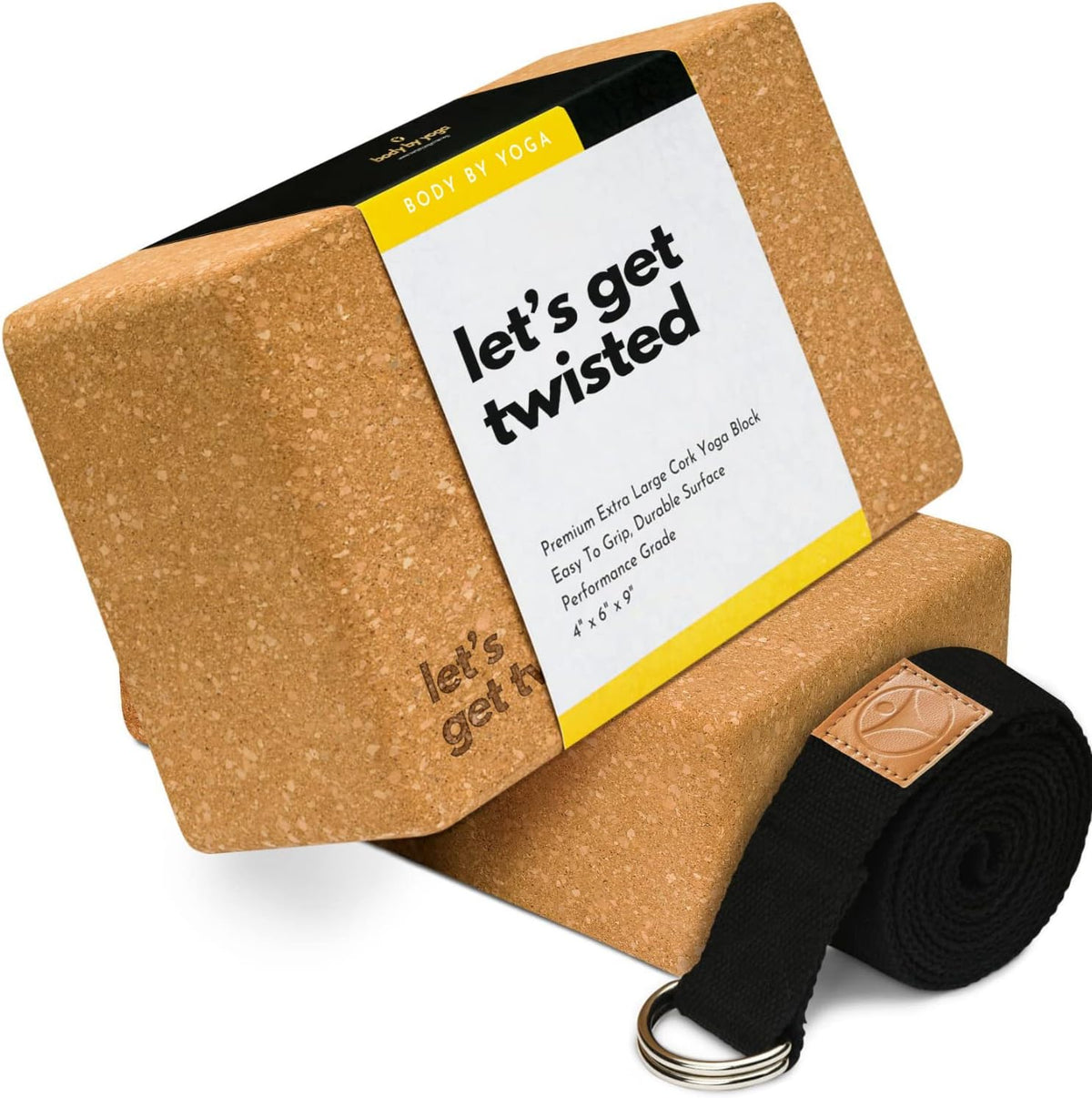Cork Yoga Blocks 2 Pack – Premium Cork Grain, Highly Stable, Chip Resistant | Extra Large 4" x 6" x 9", No Wobble, Heavy Duty, Durable, Crumble-Free, Comfort Edges, Artisanally Crafted, Yoga Strap Set