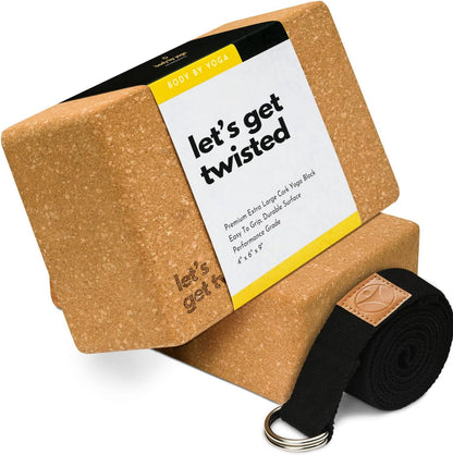 Cork Yoga Blocks 2 Pack – Premium Cork Grain, Highly Stable, Chip Resistant | Extra Large 4" x 6" x 9", No Wobble, Heavy Duty, Durable, Crumble-Free, Comfort Edges, Artisanally Crafted, Yoga Strap Set