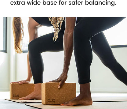 Cork Yoga Blocks 2 Pack – Premium Cork Grain, Highly Stable, Chip Resistant | Extra Large 4" x 6" x 9", No Wobble, Heavy Duty, Durable, Crumble-Free, Comfort Edges, Artisanally Crafted, Yoga Strap Set