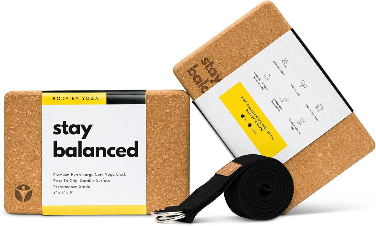 Cork Yoga Blocks 2 Pack – Premium Cork Grain, Highly Stable, Chip Resistant | Extra Large 4" x 6" x 9", No Wobble, Heavy Duty, Durable, Crumble-Free, Comfort Edges, Artisanally Crafted, Yoga Strap Set