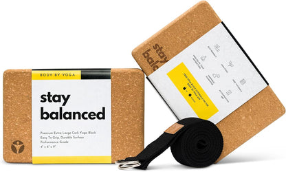 Cork Yoga Blocks 2 Pack – Premium Cork Grain, Highly Stable, Chip Resistant | Extra Large 4" x 6" x 9", No Wobble, Heavy Duty, Durable, Crumble-Free, Comfort Edges, Artisanally Crafted, Yoga Strap Set
