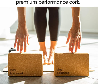 Cork Yoga Blocks 2 Pack – Premium Cork Grain, Highly Stable, Chip Resistant | Extra Large 4" x 6" x 9", No Wobble, Heavy Duty, Durable, Crumble-Free, Comfort Edges, Artisanally Crafted, Yoga Strap Set