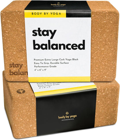 Cork Yoga Blocks 2 Pack – Premium Cork Grain, Highly Stable, Chip Resistant | Extra Large 4" x 6" x 9", No Wobble, Heavy Duty, Durable, Crumble-Free, Comfort Edges, Artisanally Crafted, Yoga Strap Set