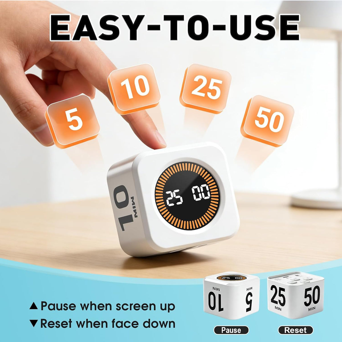 Rotating Timer Cube for Productivity — 5/25/10/50 Minutes Preset, Digital Gravity Sensor Desk Visual Timer for ADHD, Silent Mode, Ideal for Office, Study, Kitchen & Kids