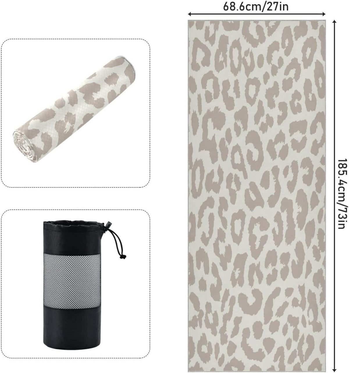 Leopard Yoga Mat Towel, Non Slip Sweat Absorbent Hot Yoga Towel Portable Lightweight Travel Workout Towel with Storage Bag for Home Yoga, Pilates, Fitness 73x 27 Inch